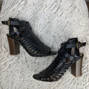 Woven Faux Leather Black Sandal Block Heels